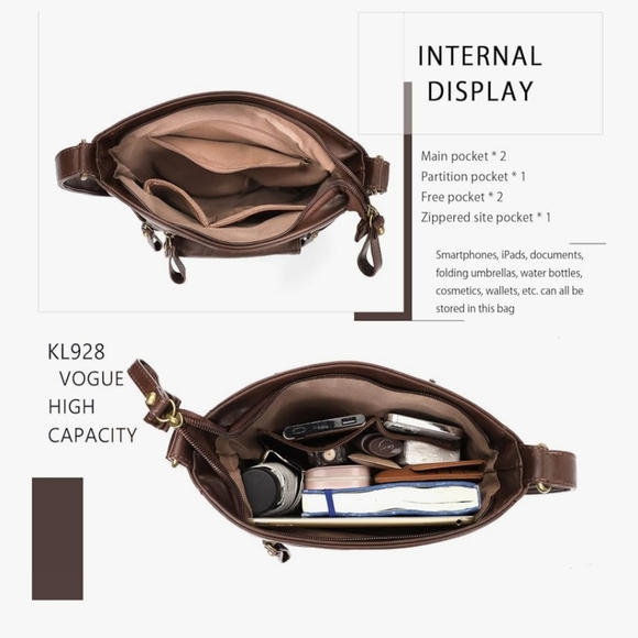 Coffee Brown Vegan High Capacity Crossbody Bag Purse Water Resistant Lightweight - Picture 4 of 11